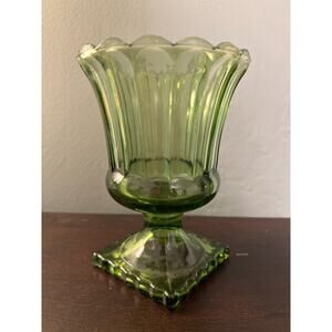 VINTAGE Hazel Atlas Avocado Green Vase; Scalloped Design & Square Pedestal